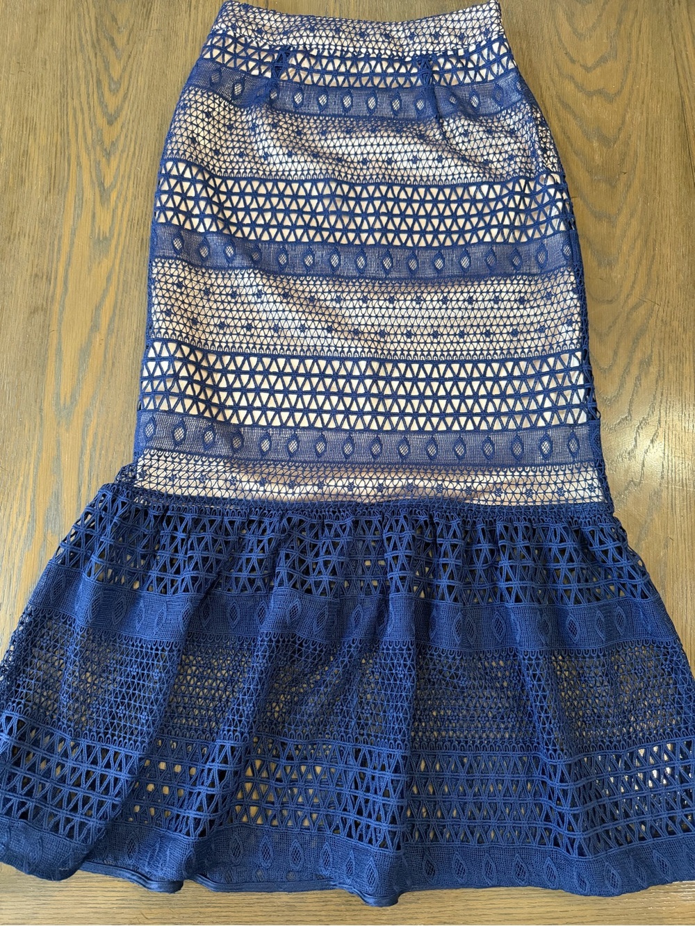 NWOT ASOS Navy Blue Lace peplum laser cut midi Mermaid Skirt